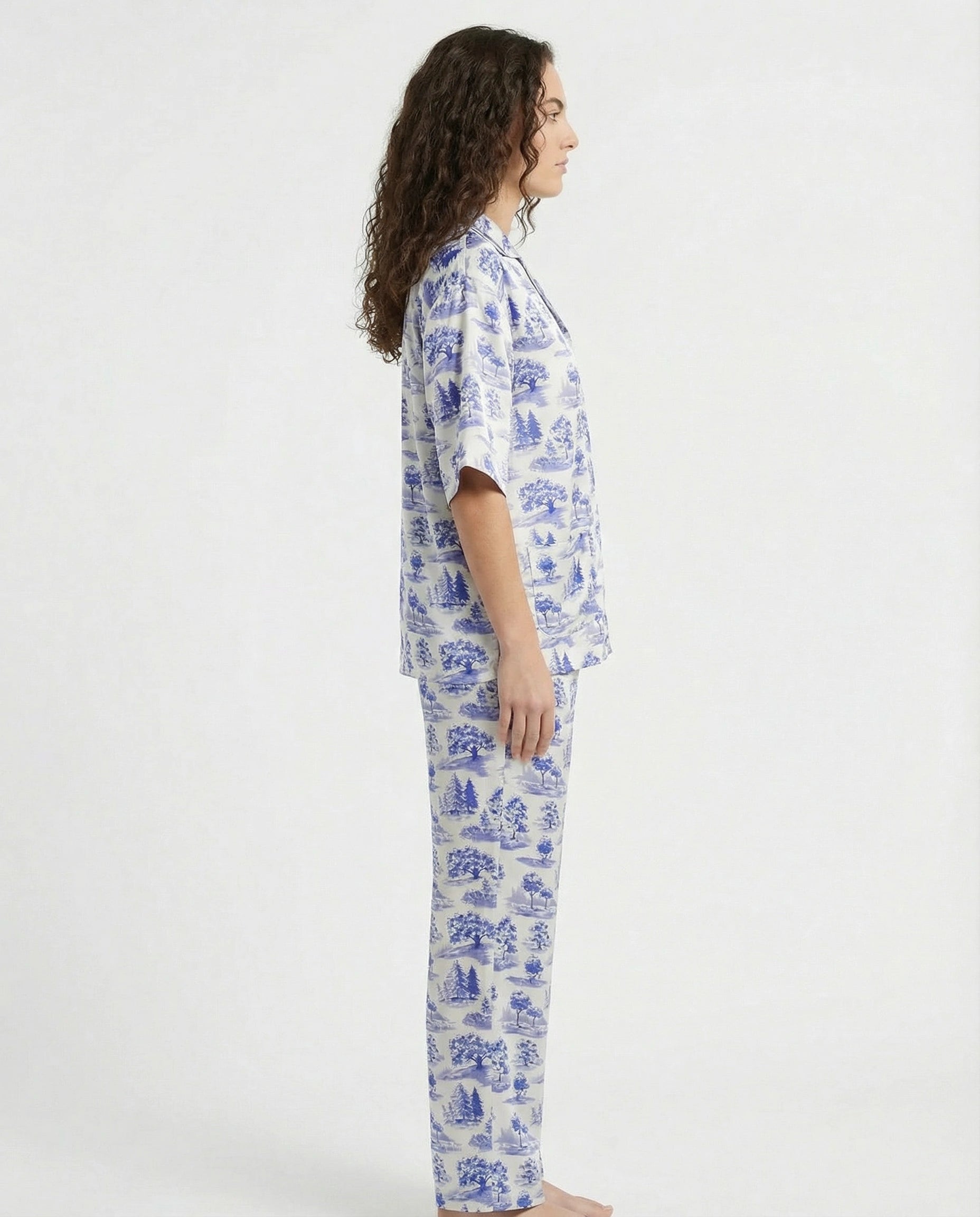 Drop Shoulder Silk Pajama Suit - Blue Meadow