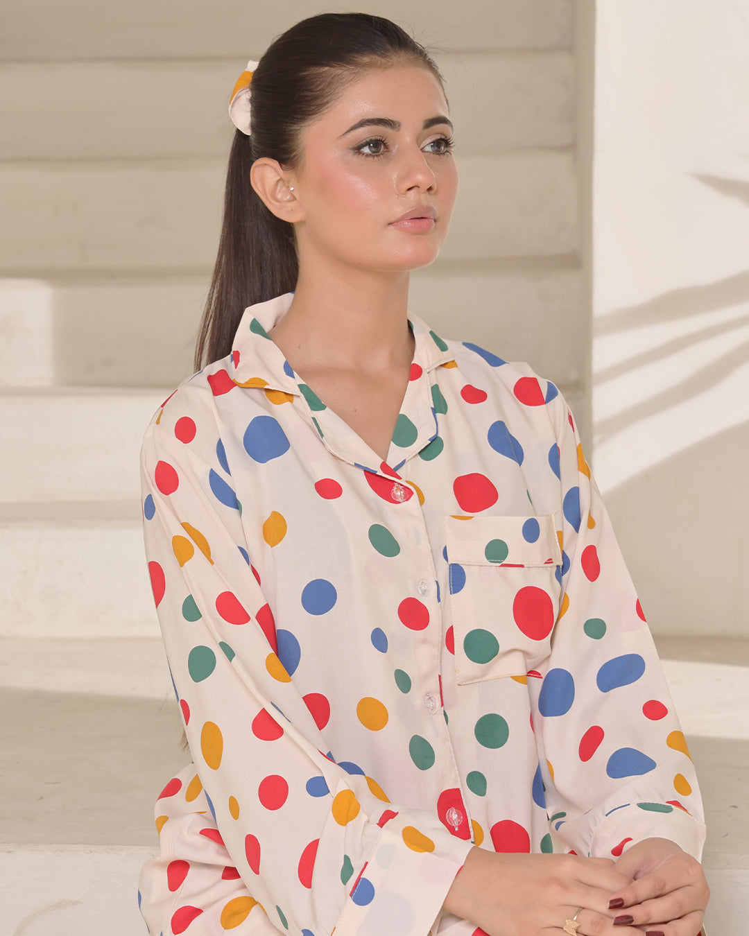 Sajiero Linen Pajama Suit with Scrunchie - Dot Delight