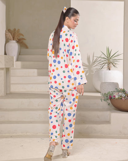 Sajiero Linen Pajama Suit with Scrunchie - Dot Delight