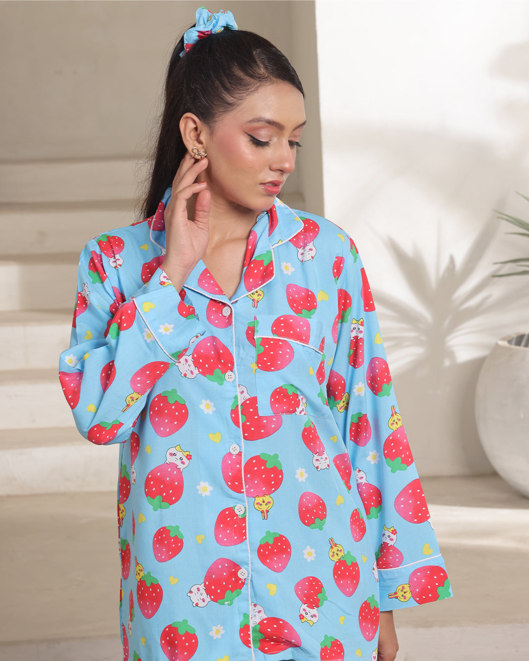 Linen Pajama Suit with Scrunchie - Strawberry Dream