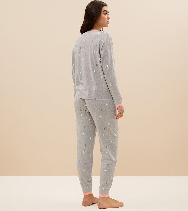 Noise cotton printed flowers pajama suit Grey