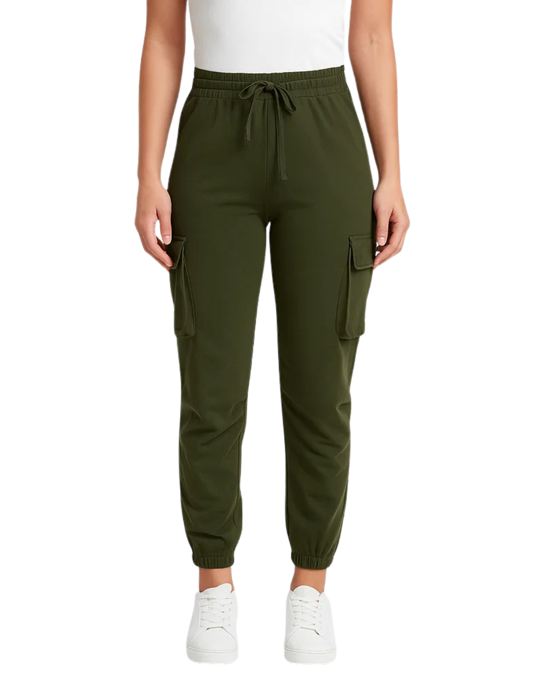 Person wearing green cargo jogger pants on a white background