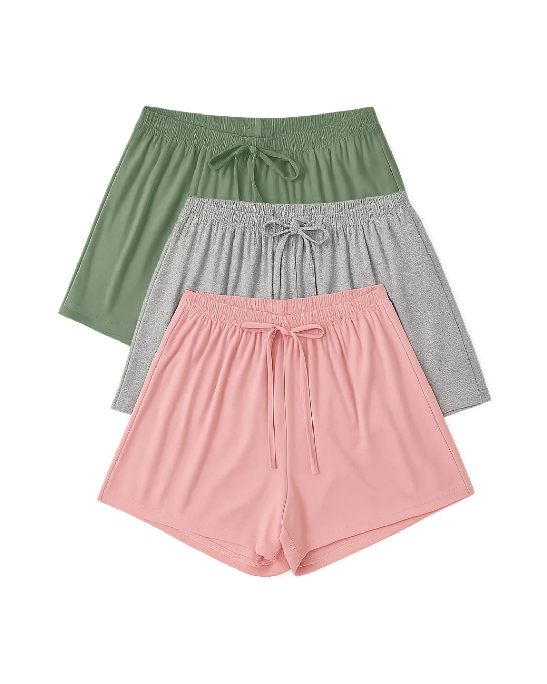 Three pairs of shorts in green, gray, and pink on a white background