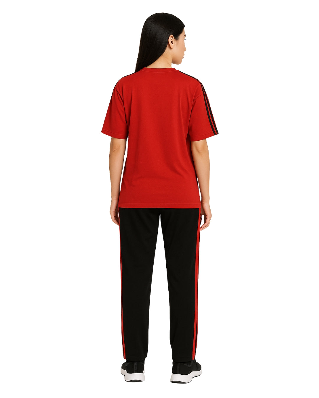 Person wearing a red t-shirt and black pants with red stripes on a white background