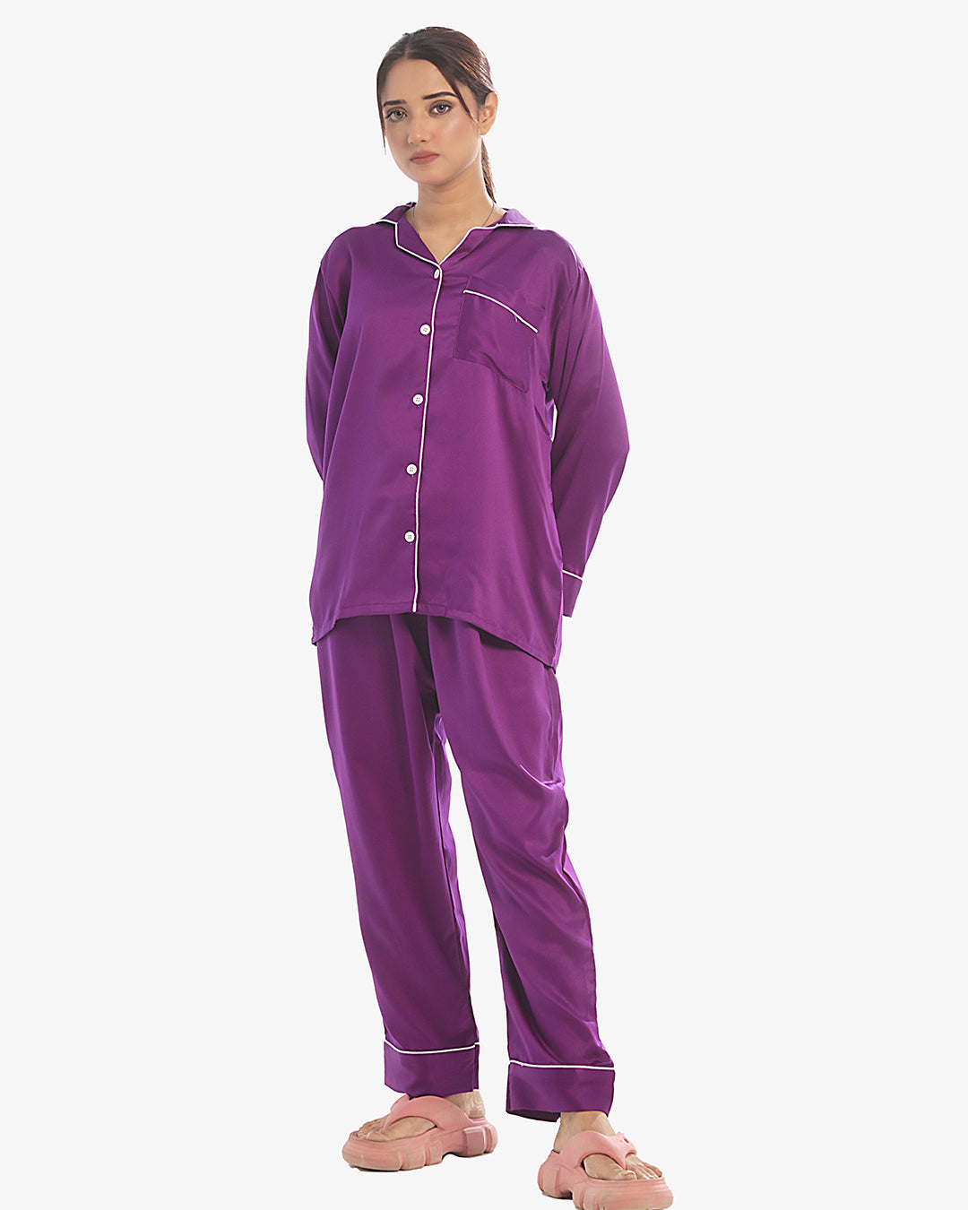 Sajiero Silk Pajama Suit with Scrunchie - Pearl