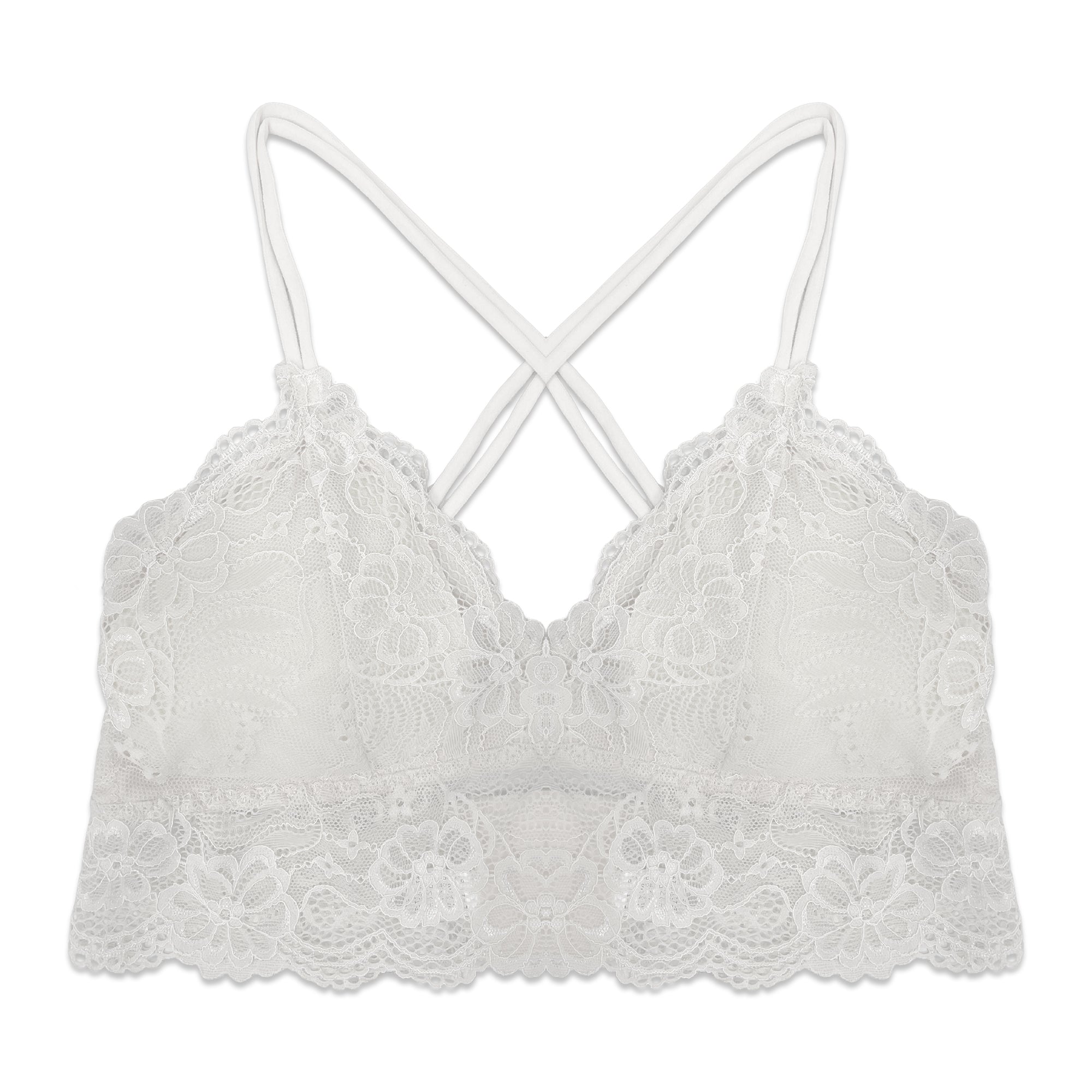 White lace bralette with thin straps on a white background