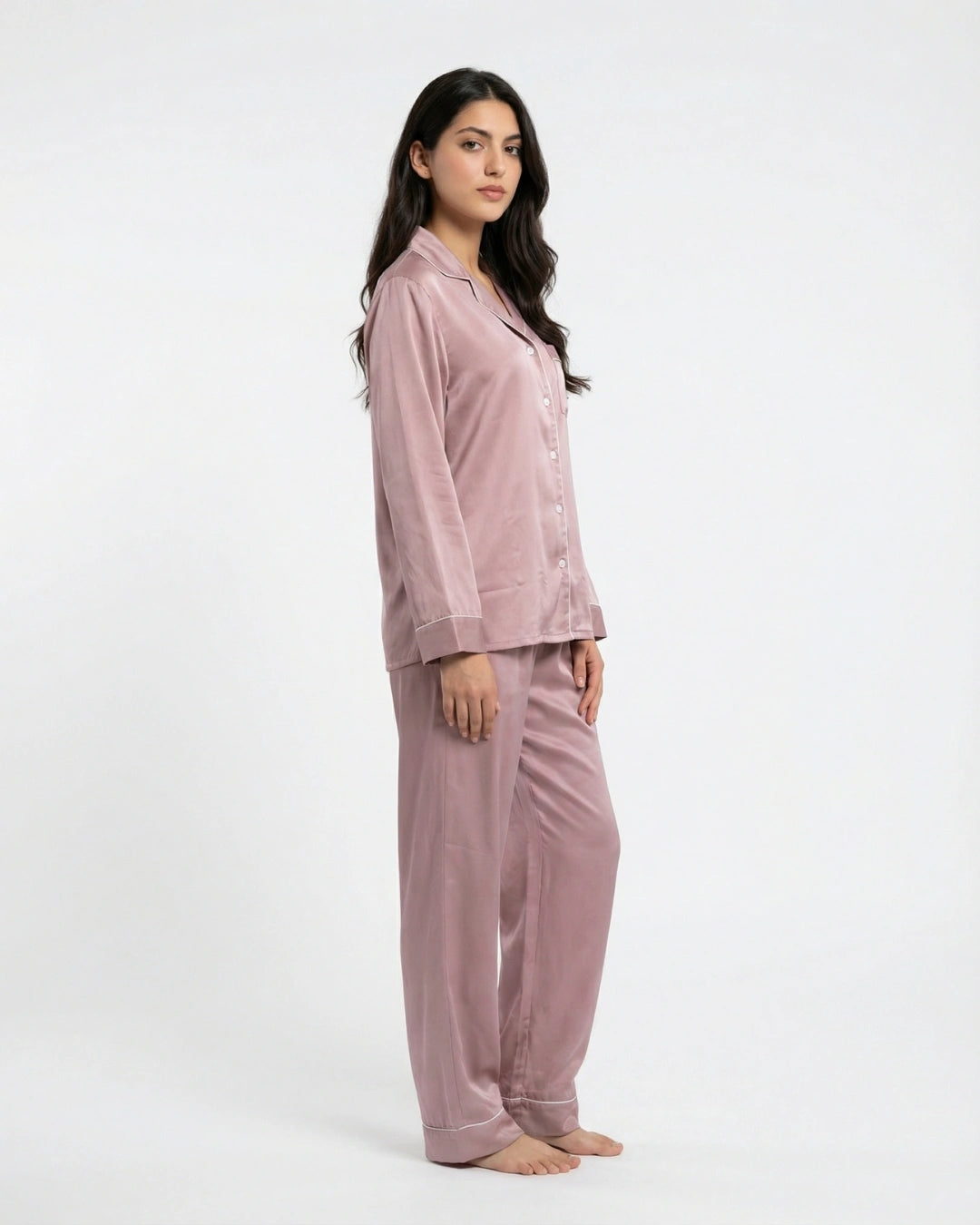 Satin Silk Pajama Suit - Noir - Pink