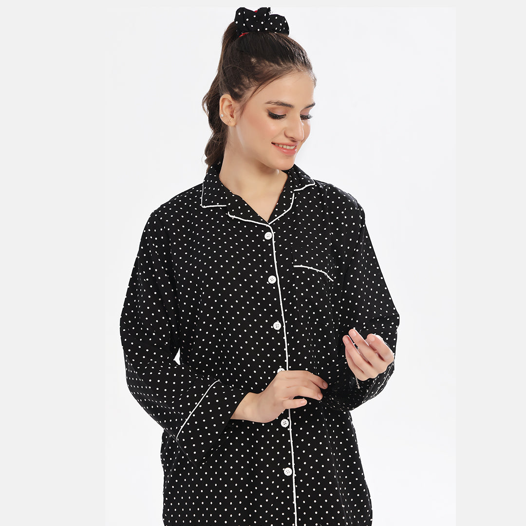 Sajiero White Polka Dots Linen Pajama Suit with Scrunchie