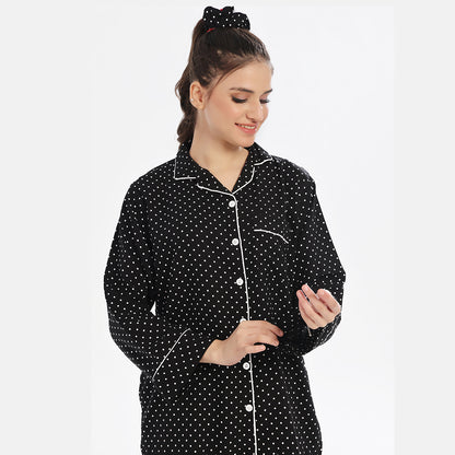 Sajiero White Polka Dots Linen Pajama Suit with Scrunchie