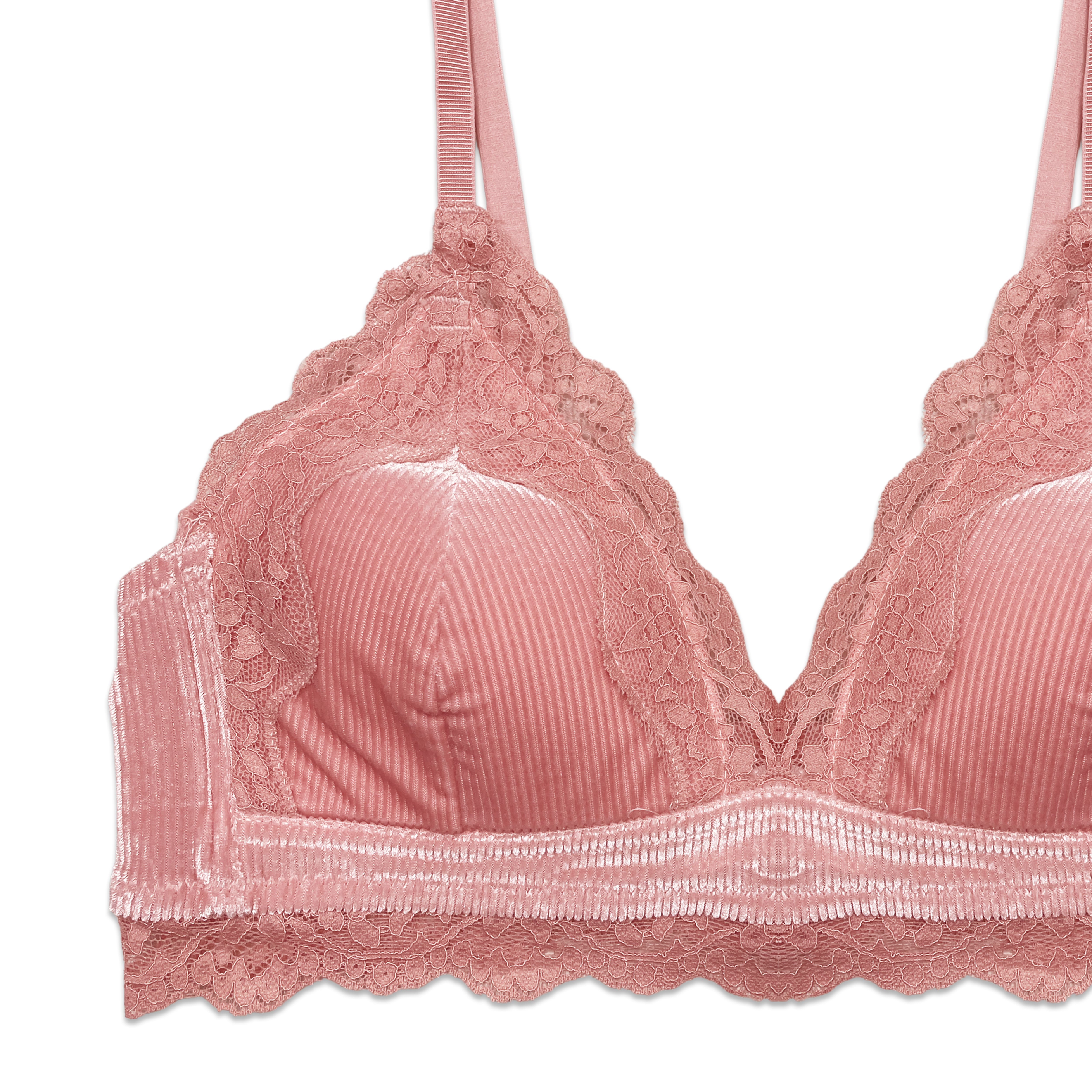 Pink bra with lace details on a white background