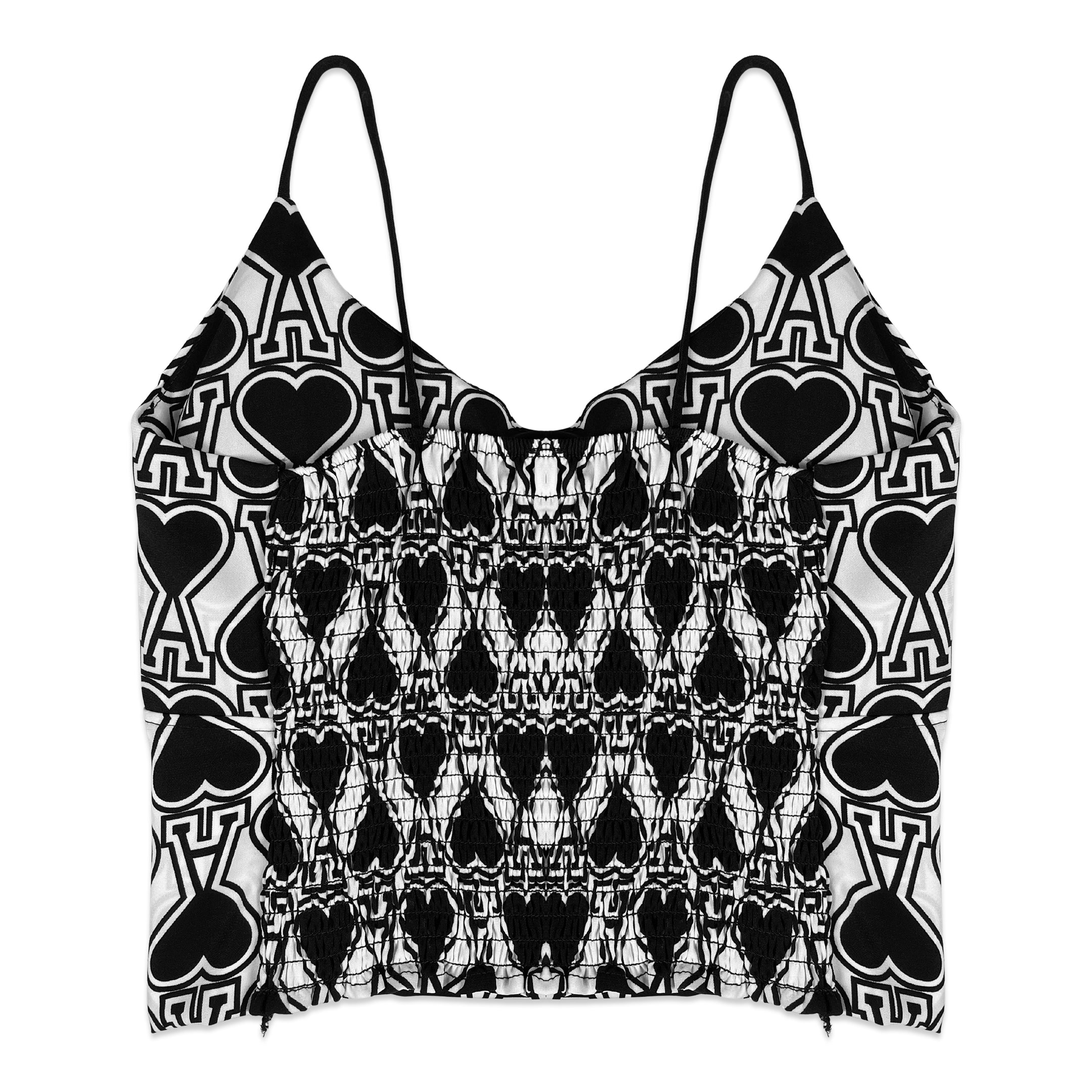 Black and white patterned top with heart and peace symbol design on a white background