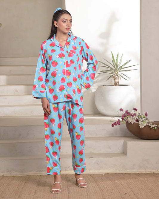 Linen Pajama Suit with Scrunchie - Strawberry Dream