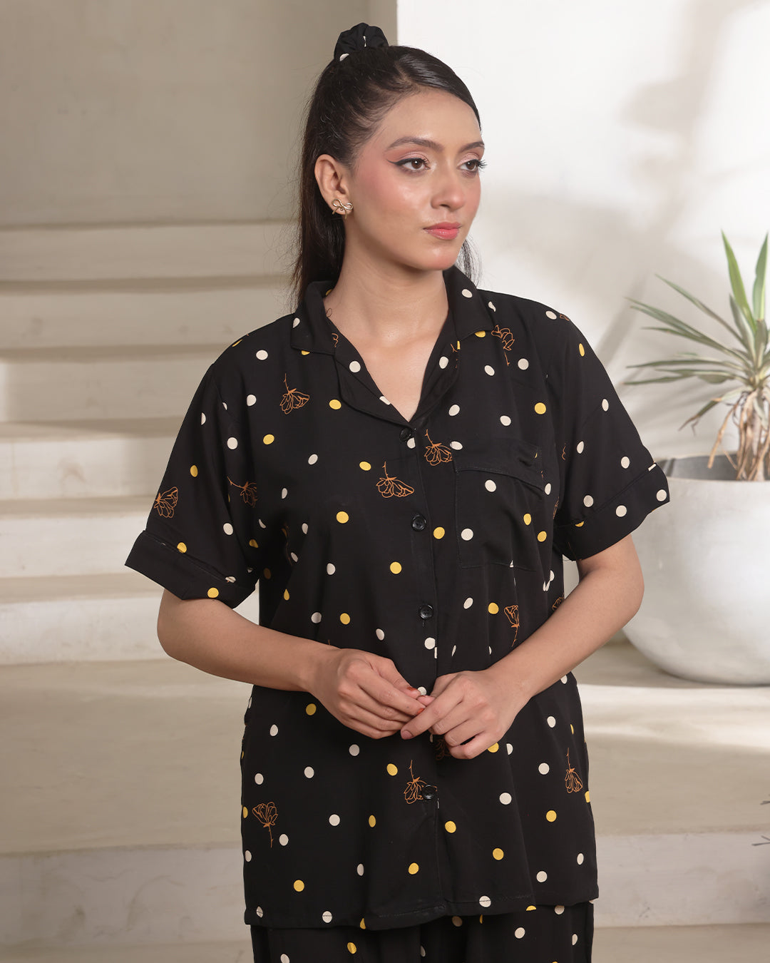 Linen Pajama Suit with Scrunchie - Dot Bloom