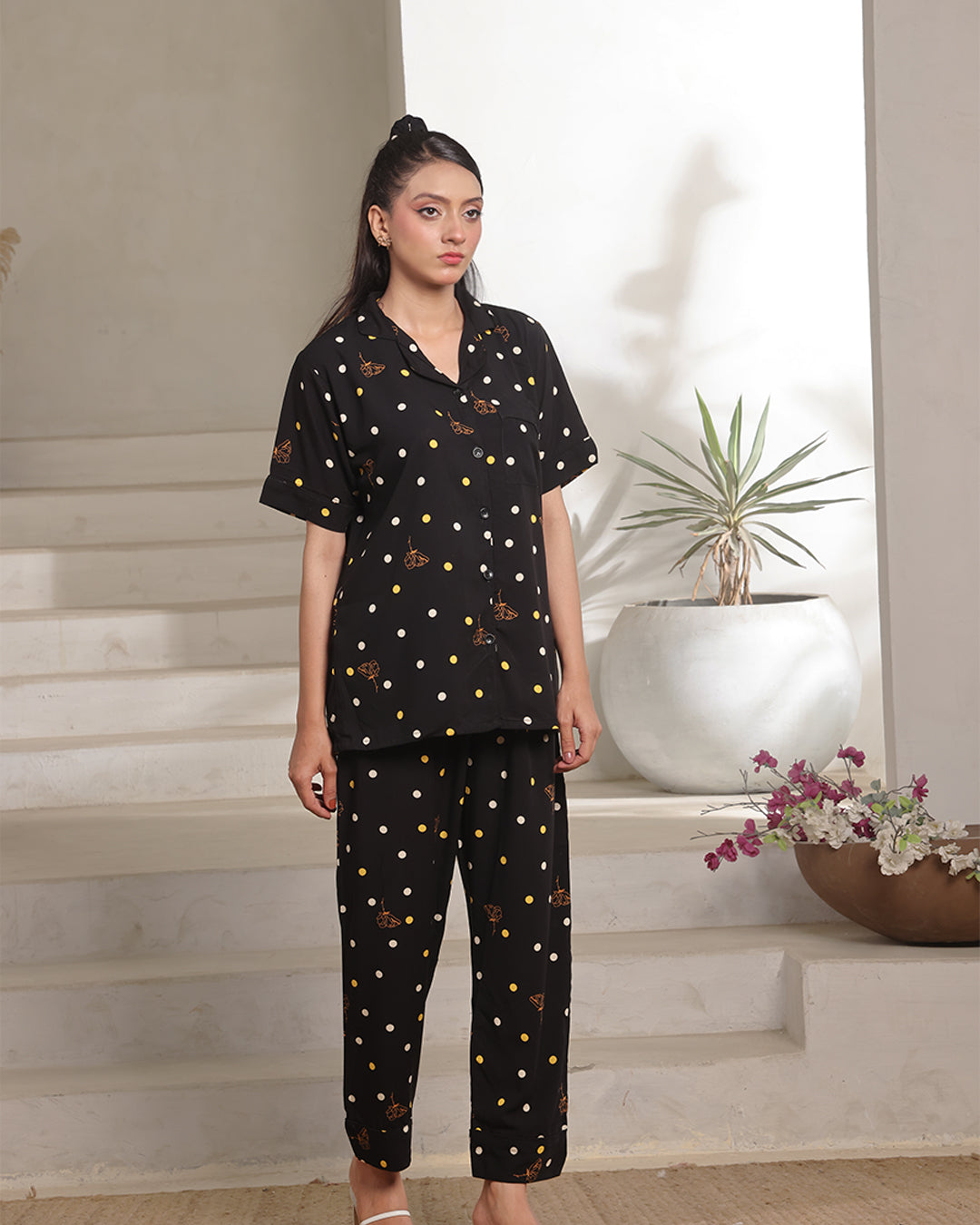 Linen Pajama Suit with Scrunchie - Dot Bloom