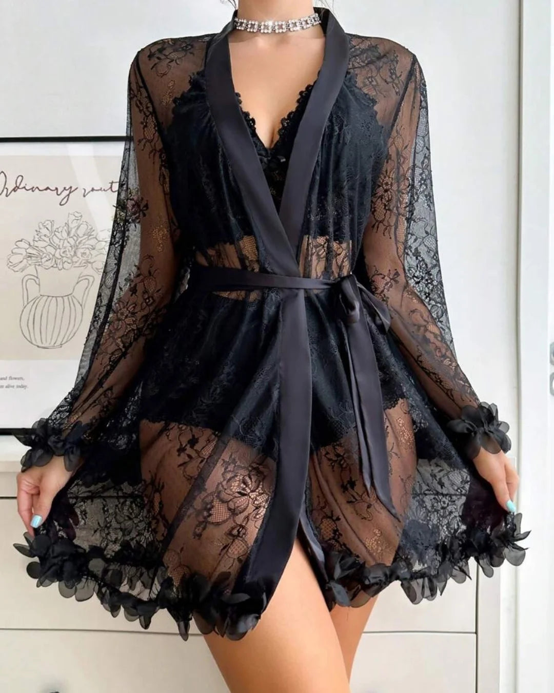 3-Piece Gown Set - Floraison - Black