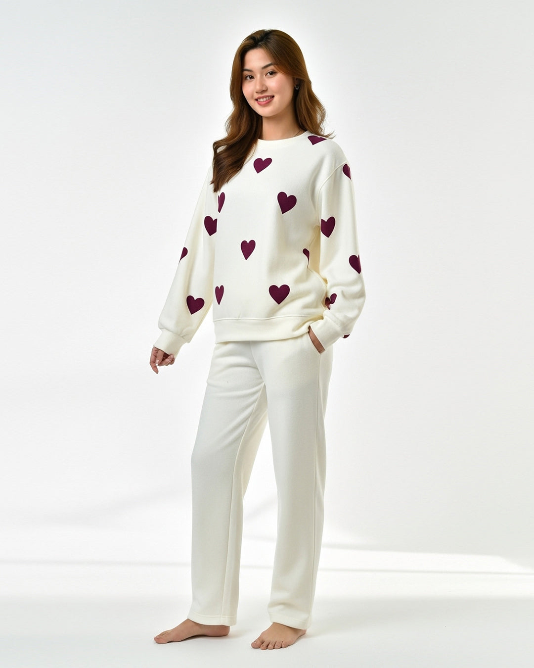 Fleece Pajama Set – Heart Cozy - Off White