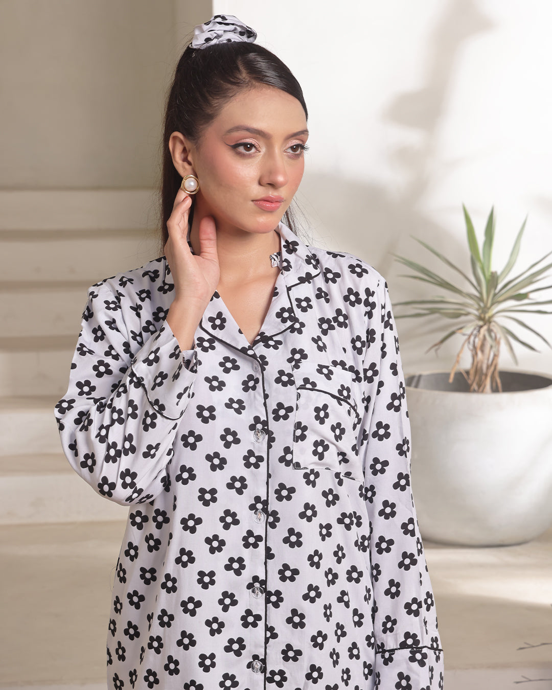 Linen Pajama Suit with Scrunchie - Flora Set