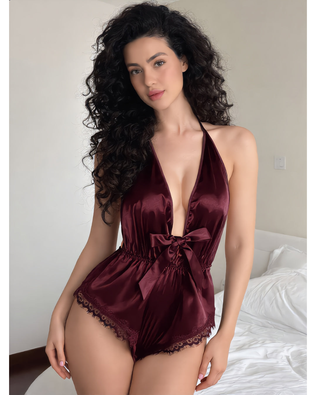 Deep V-Neck Sexy Silk Bodysuit