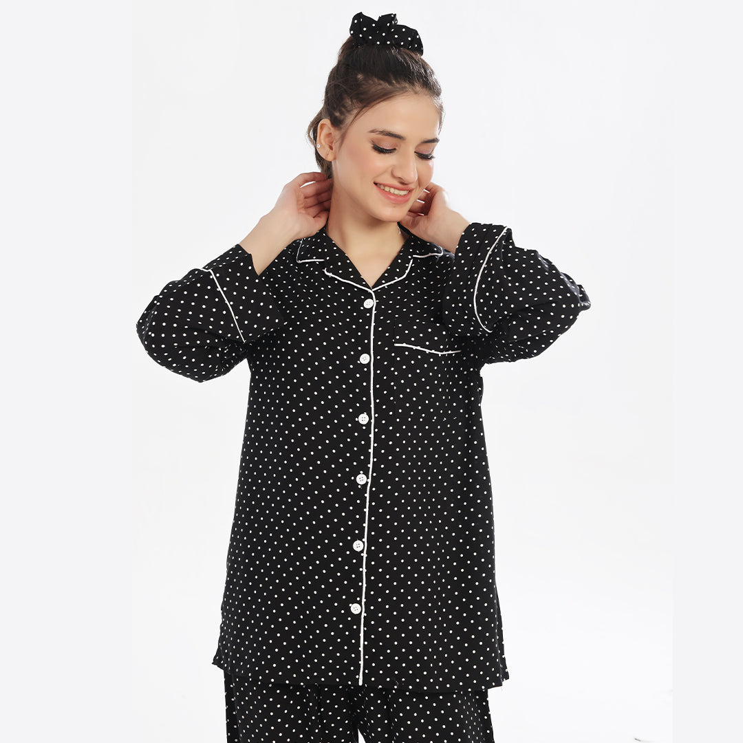 Sajiero White Polka Dots Linen Pajama Suit with Scrunchie