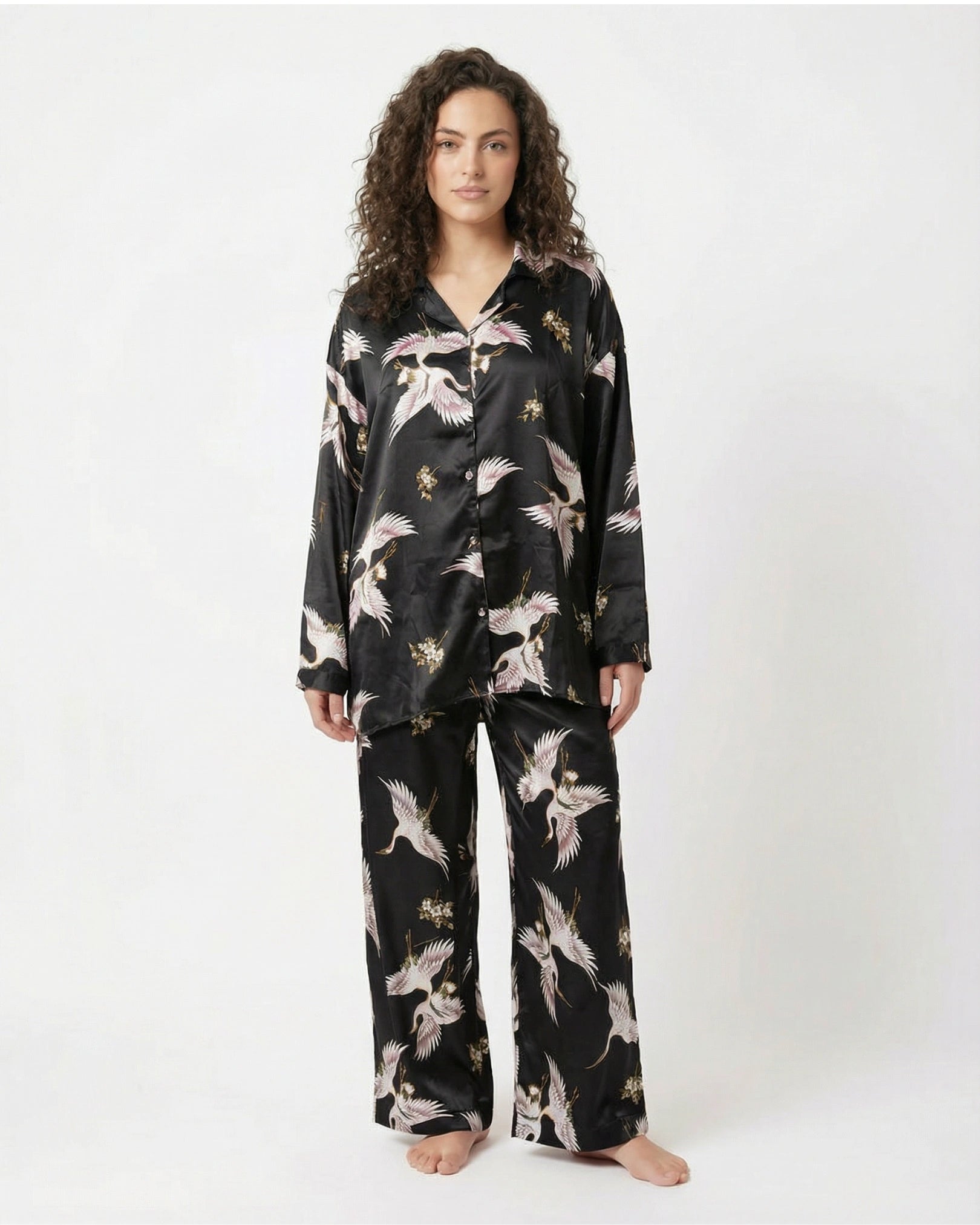 Oversized Silk Pajama Suit - Flamingo - Black