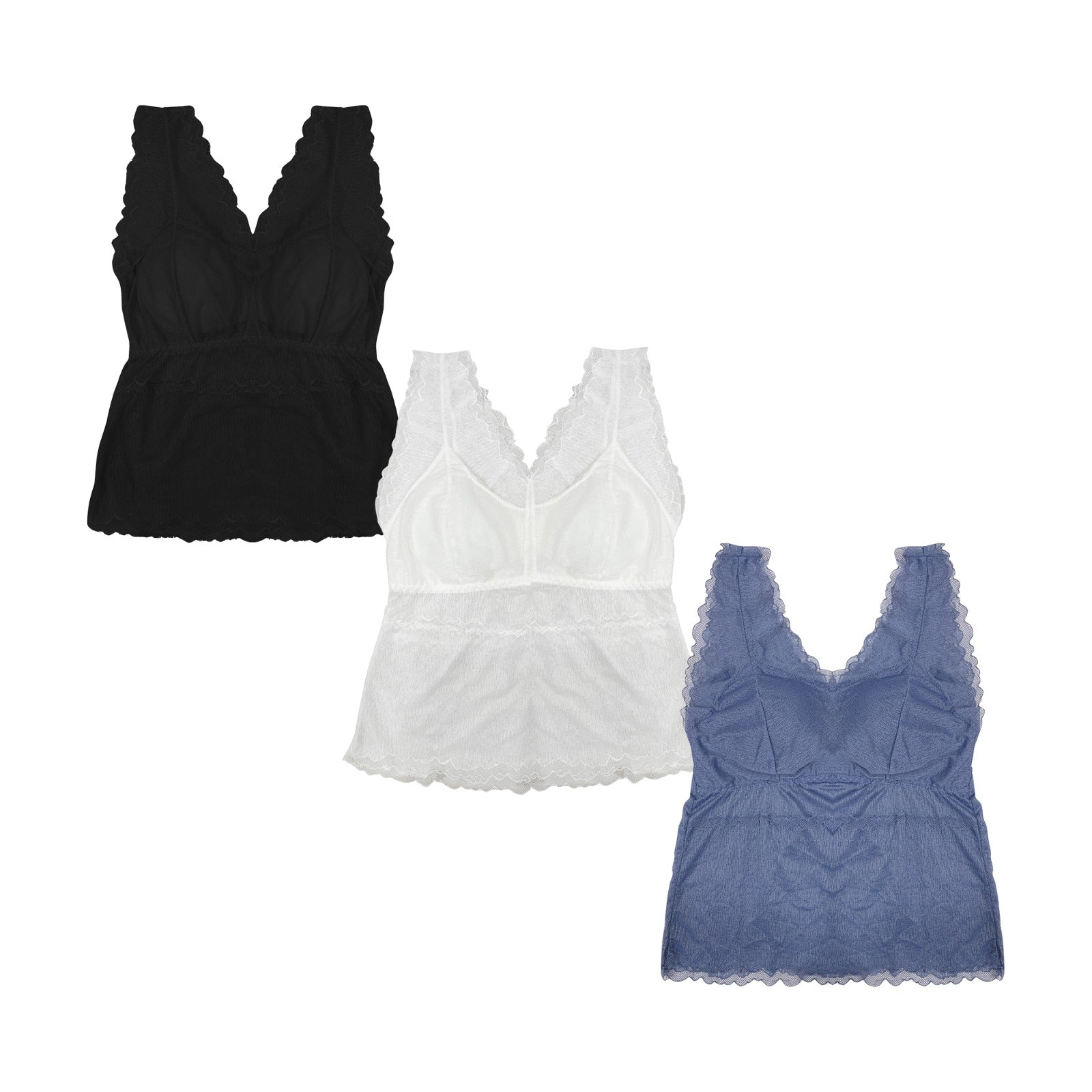 Three lace tank tops in black, white, and blue on a white background