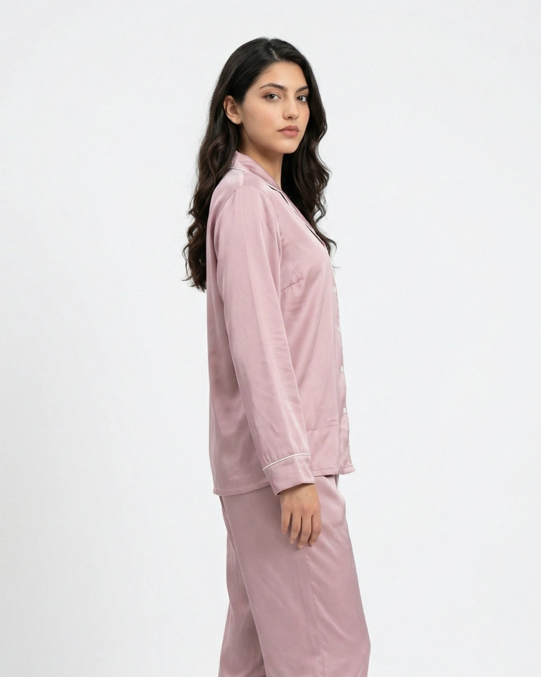 Satin Silk Pajama Suit - Noir - Pink