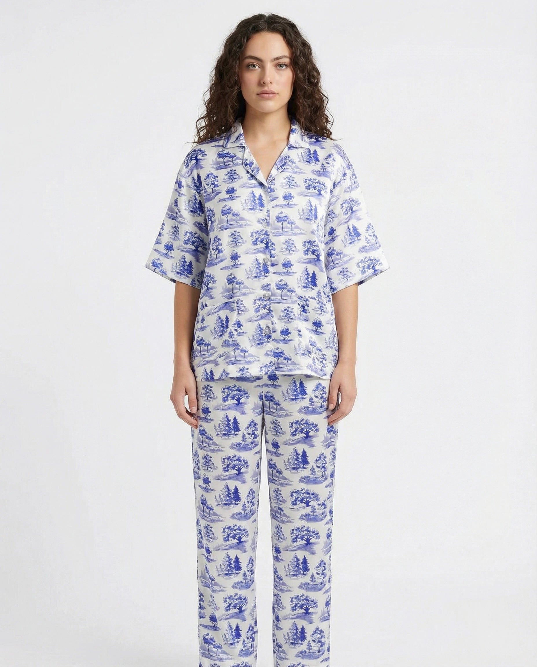 Drop Shoulder Silk Pajama Suit - Blue Meadow