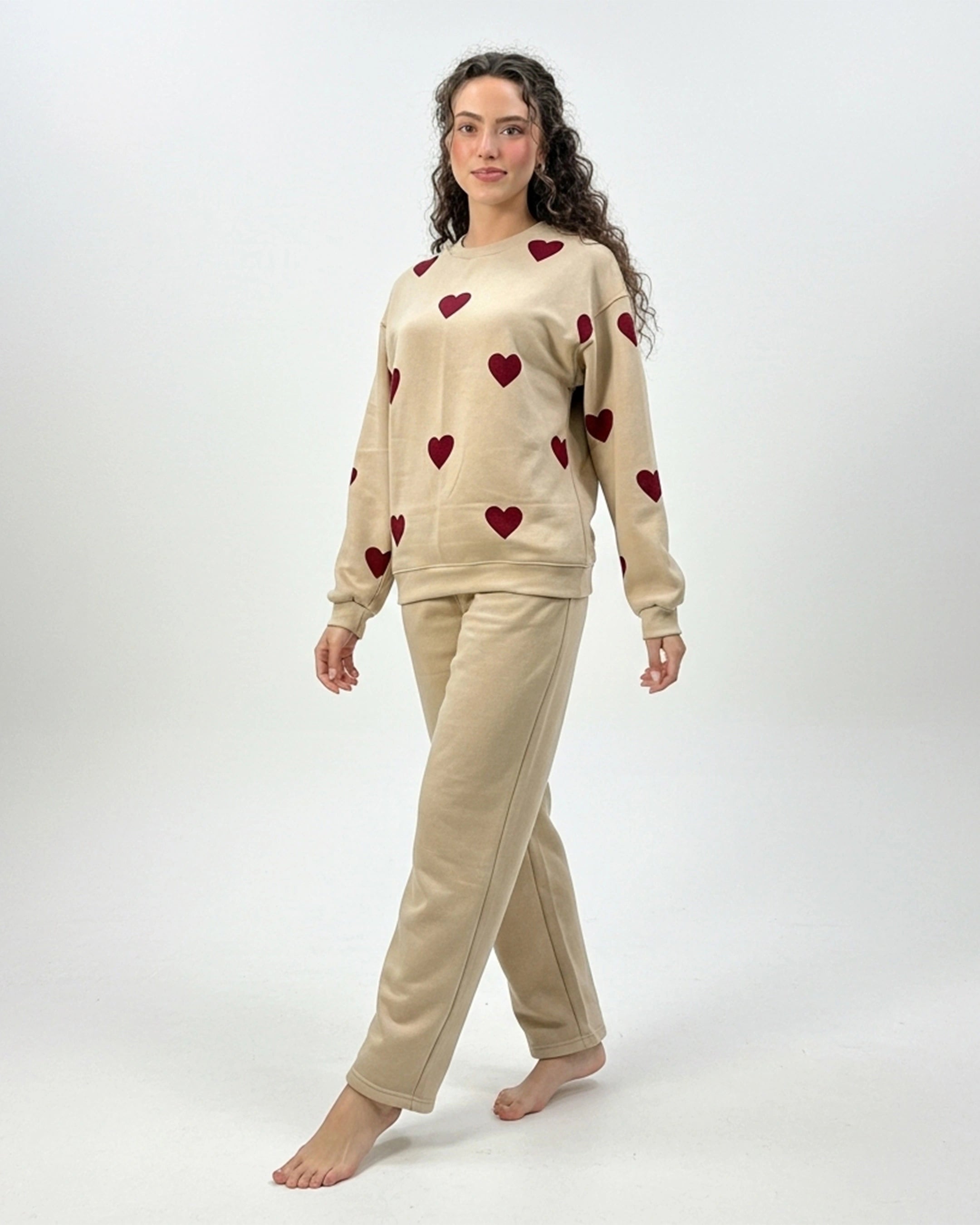 Fleece Pajama Set – Heart Cozy - Beige