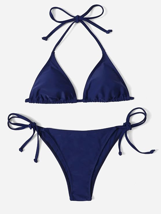 Heat Navy Blue Padded String Ribbed Bikini