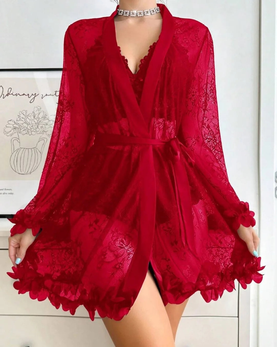 3-Piece Gown Set - Floraison - Red