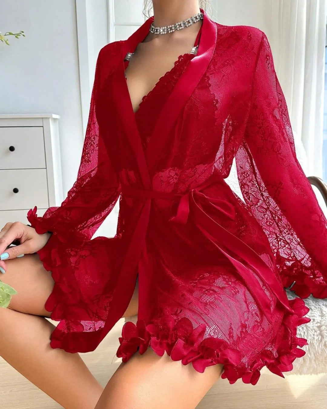 3-Piece Gown Set - Floraison - Red