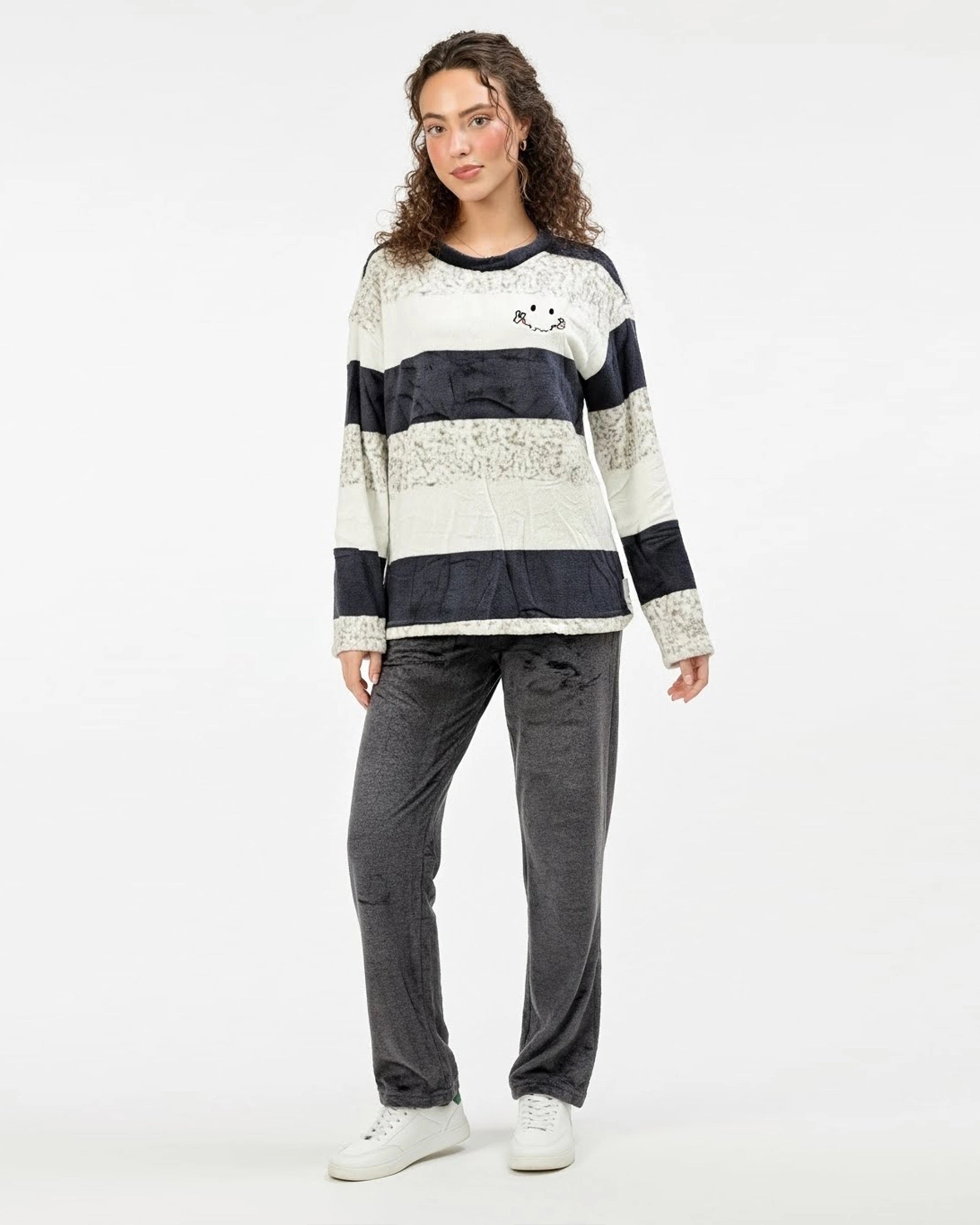 Black And White Stripes Fleece Pajama Suit