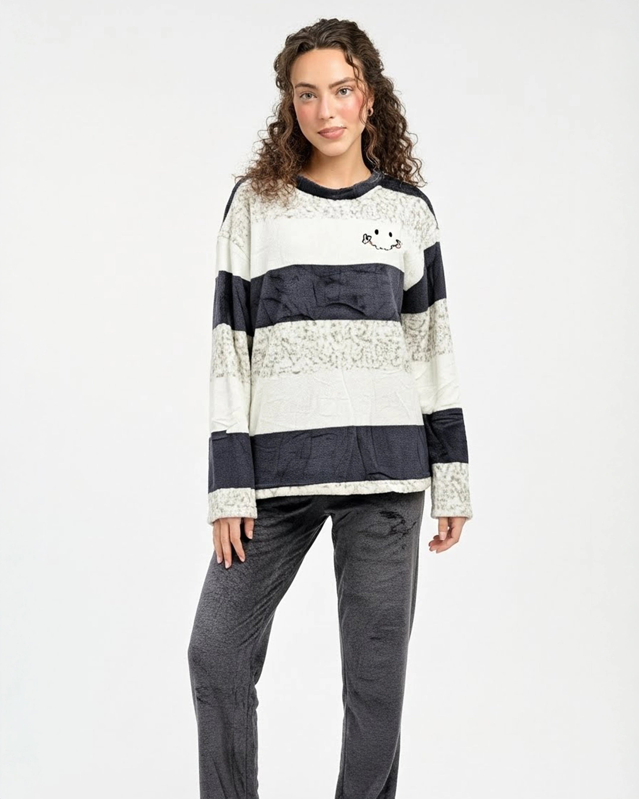 Black And White Stripes Fleece Pajama Suit