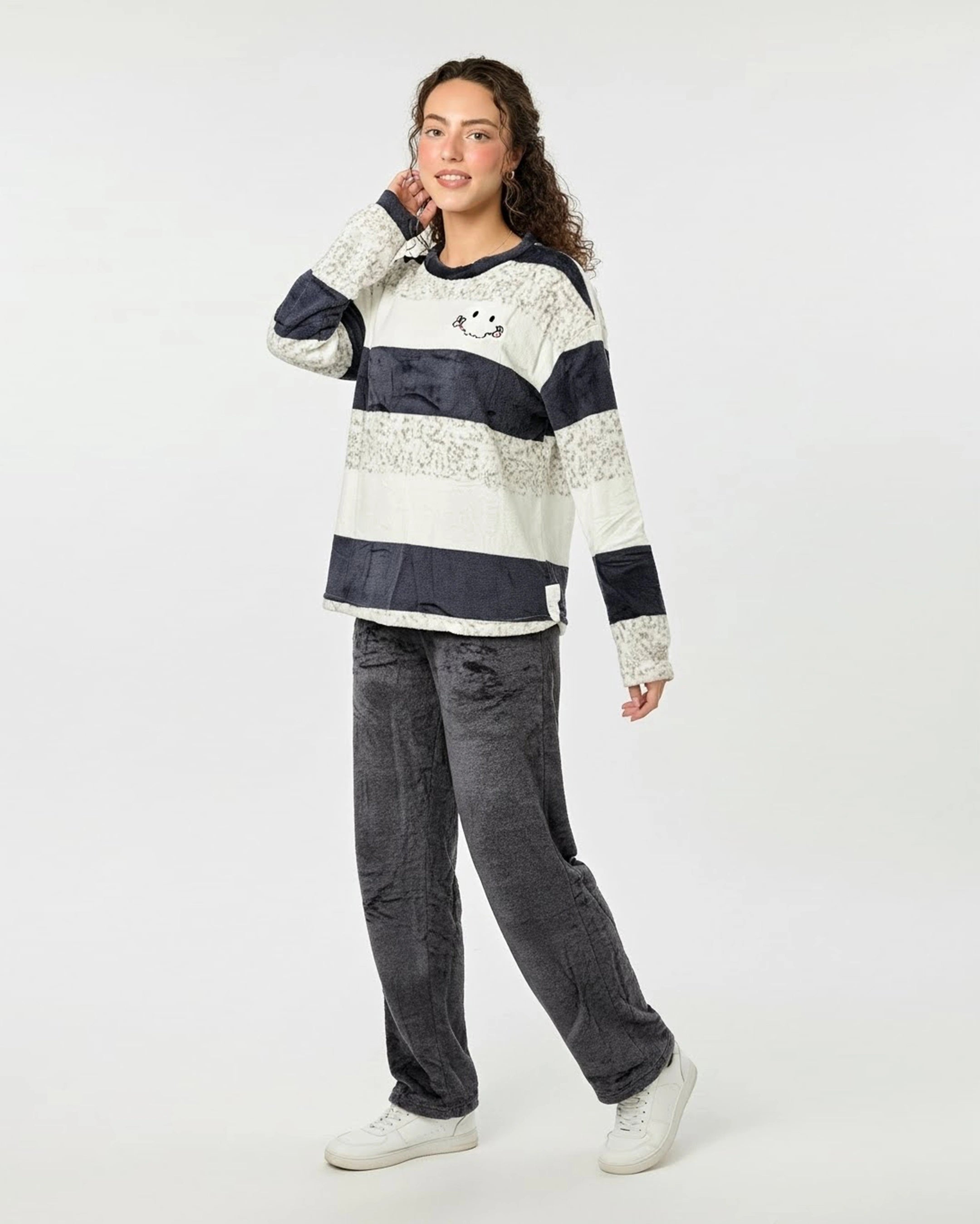 Black And White Stripes Fleece Pajama Suit