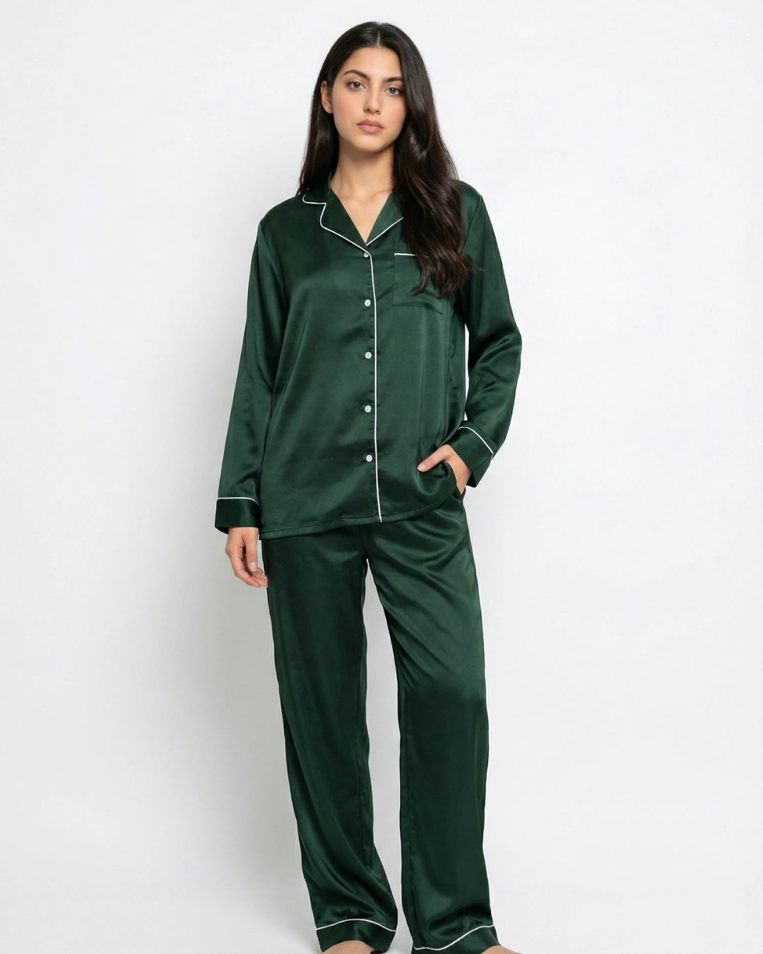Satin Silk Pajama Suit - Noir - Dark Green