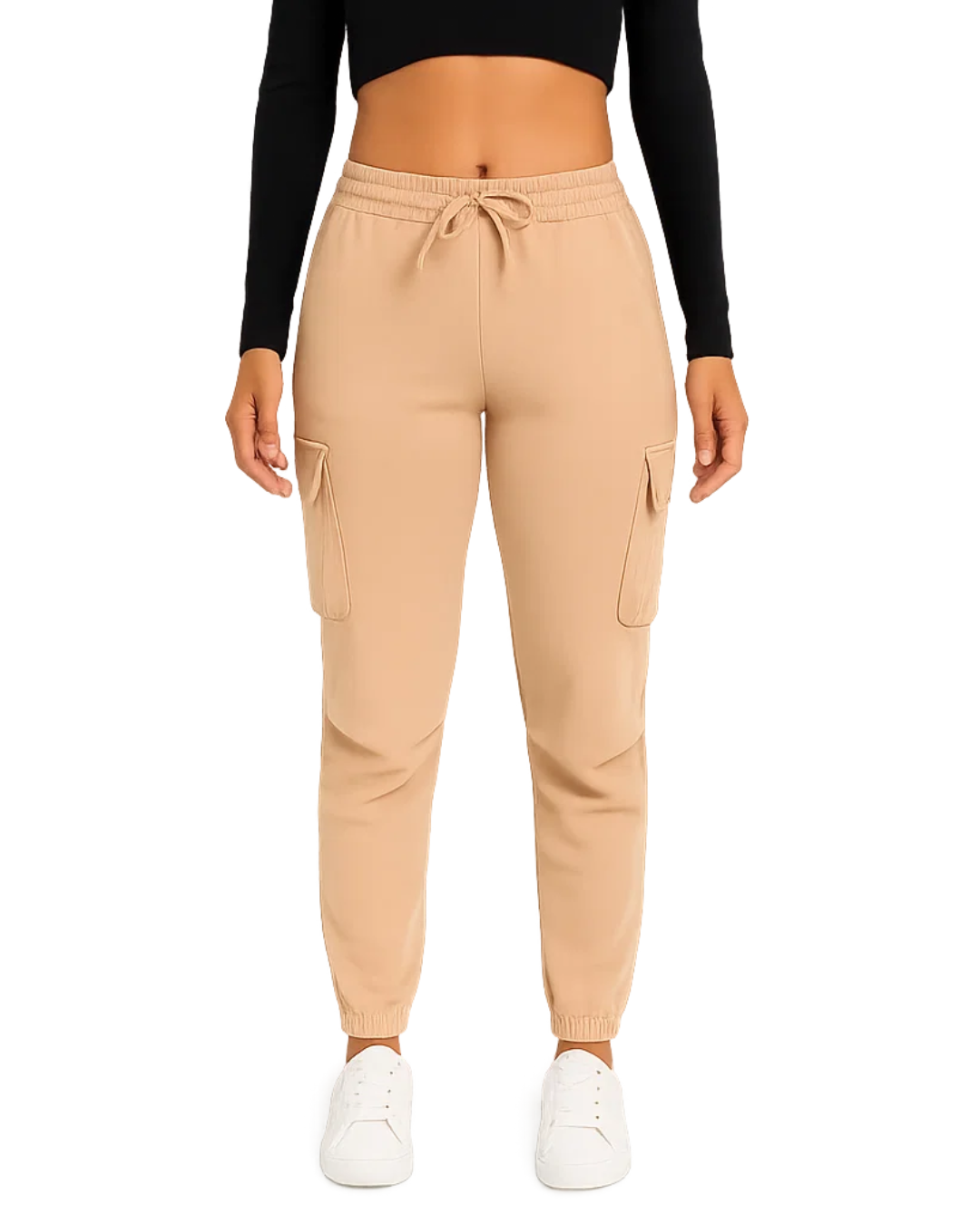 Beige cargo jogger pants worn by a person on a white background