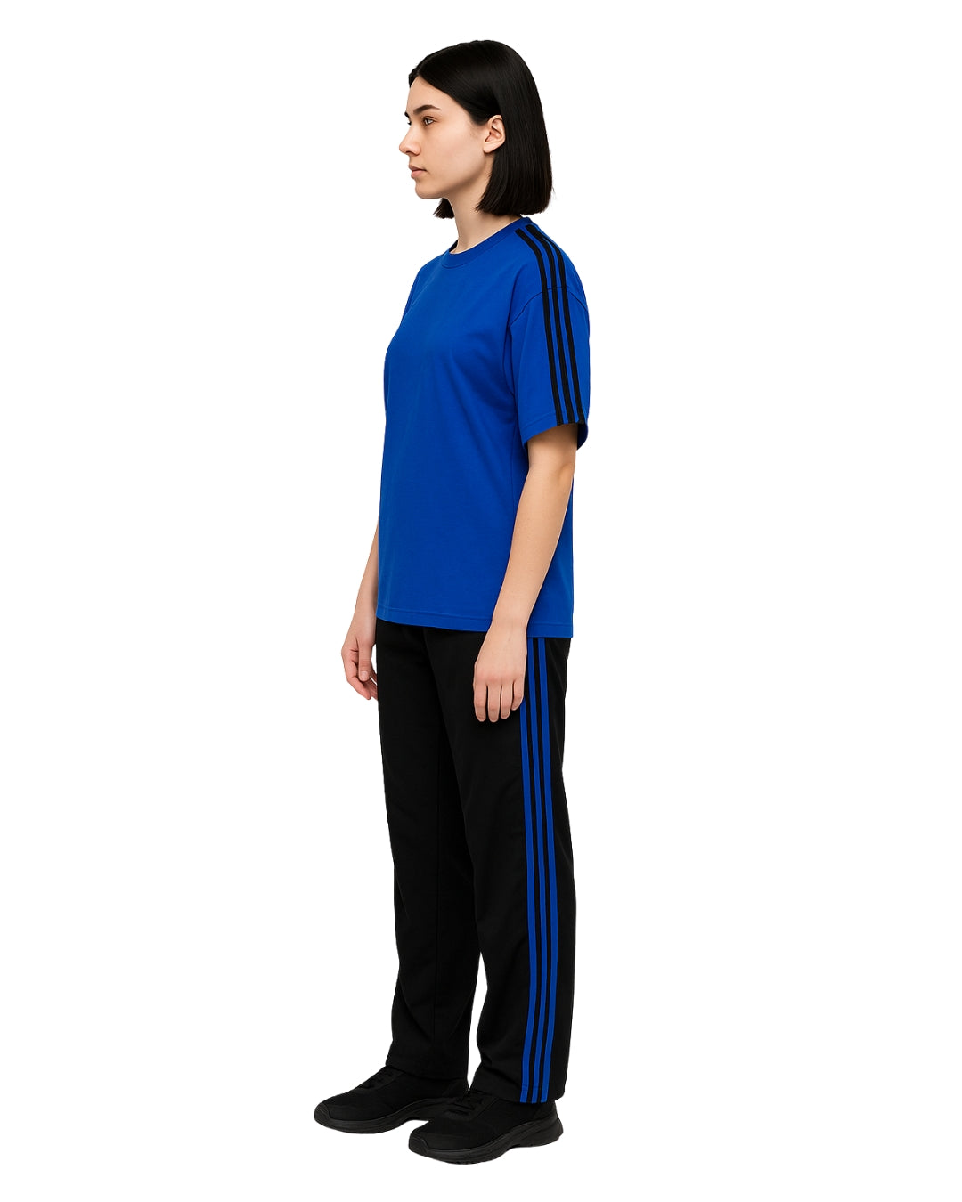 Person wearing a blue top and black pants with blue stripes on a white background