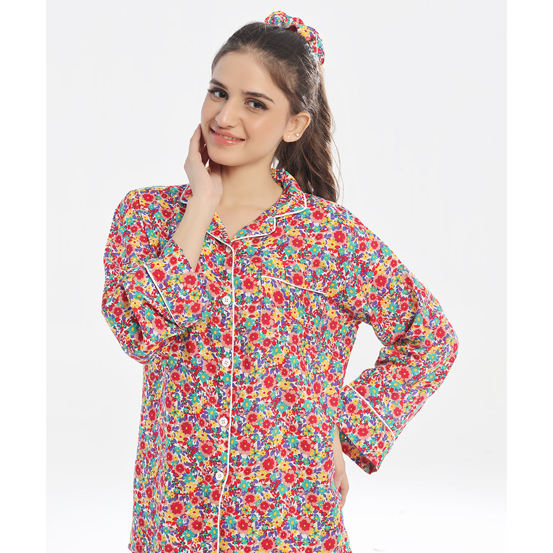 Linen Pajama Suit with Scrunchie - Chic Bloom