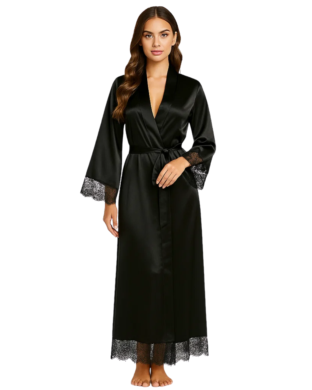 Black satin robe with lace trim worn by a model on a white background