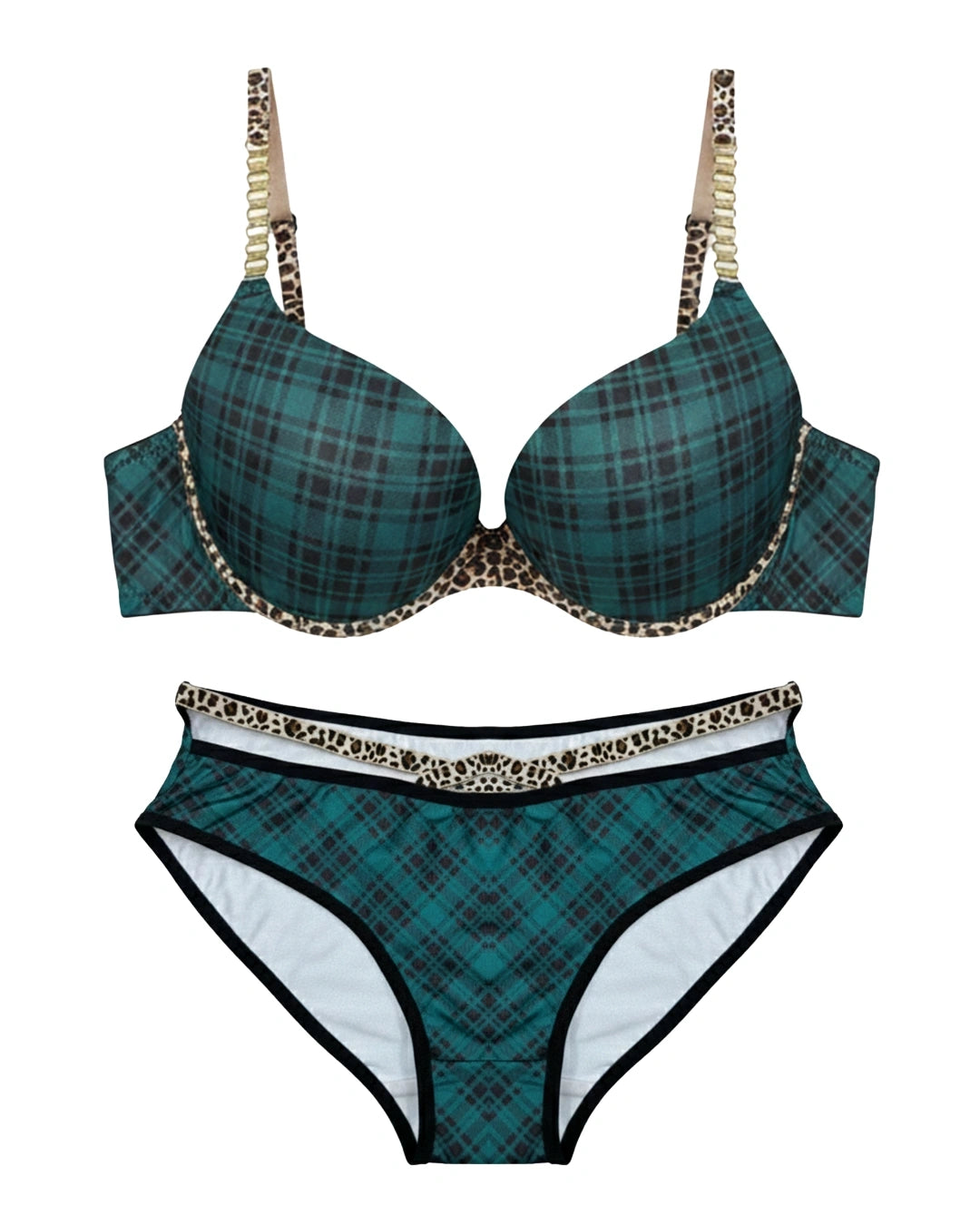Padded Bra Set - Checked Strap - Green