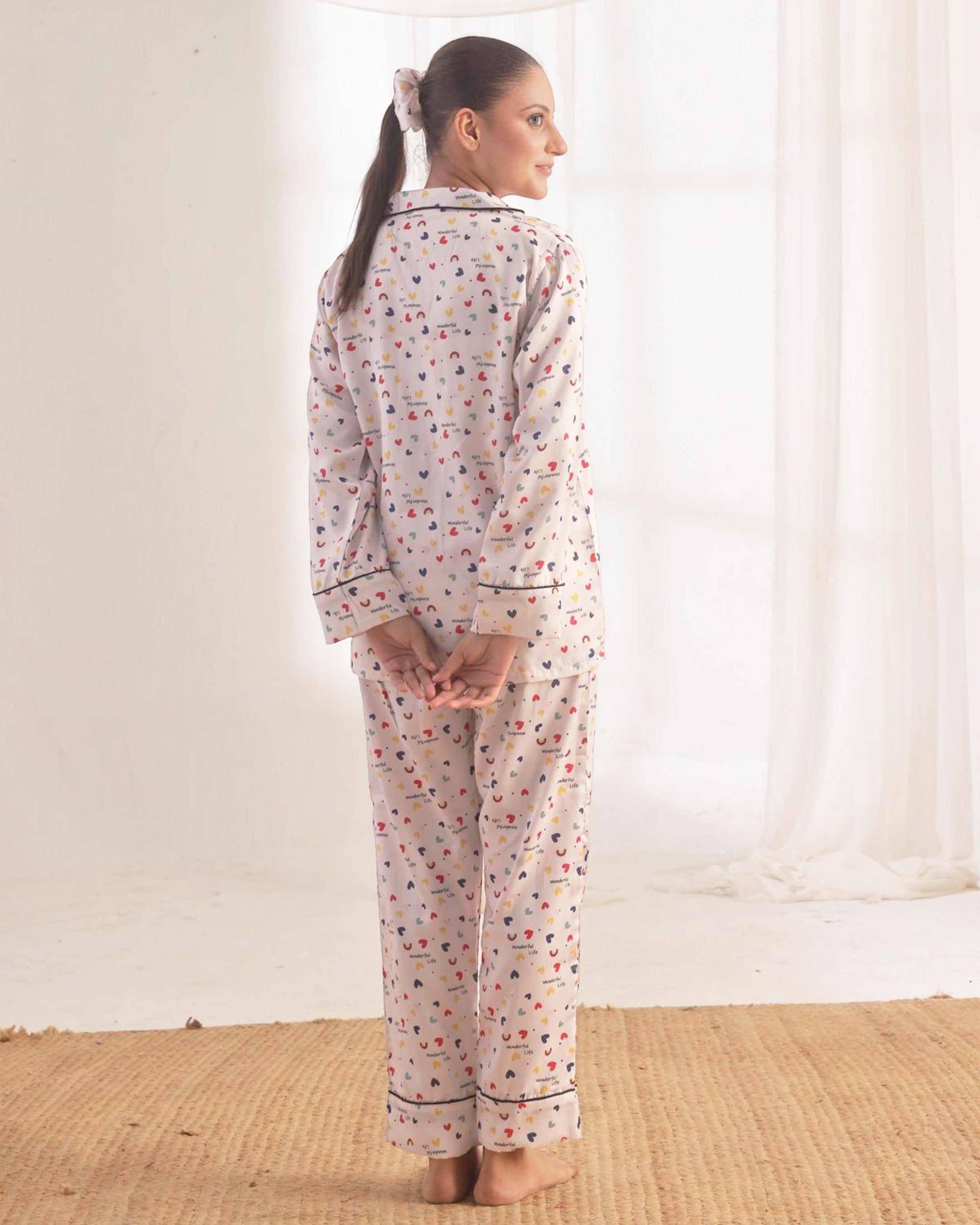 Silk Pajama Suit with Scrunchie - Joyful Hearts
