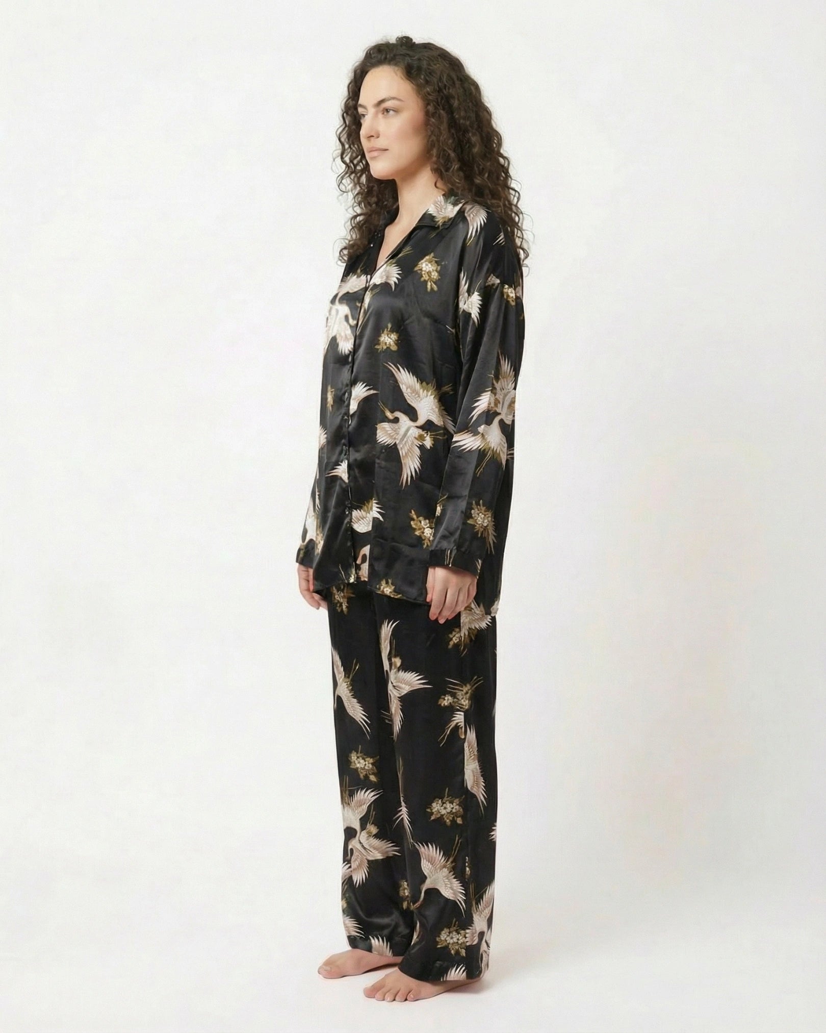 Oversized Silk Pajama Suit - Flamingo - Black