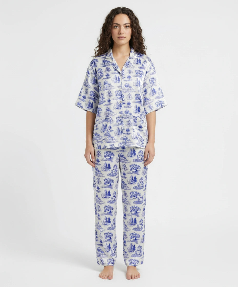 Drop Shoulder Silk Pajama Suit - Blue Meadow