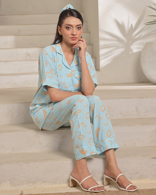 Linen Pajama Suit with Scrunchie - Sky Drizzle