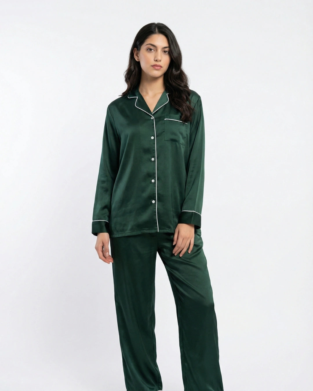 Satin Silk Pajama Suit - Noir - Dark Green