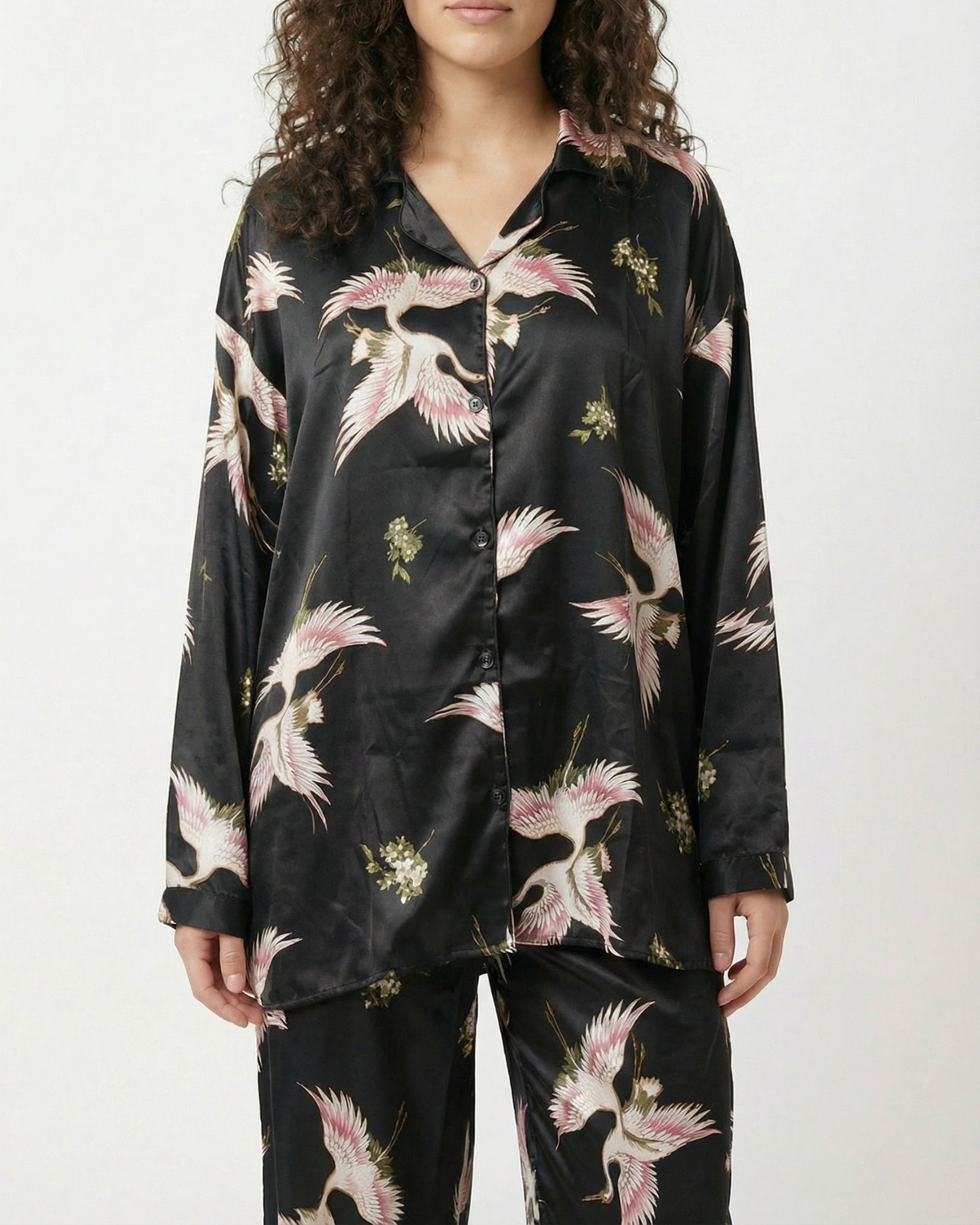Oversized Silk Pajama Suit - Flamingo - Black