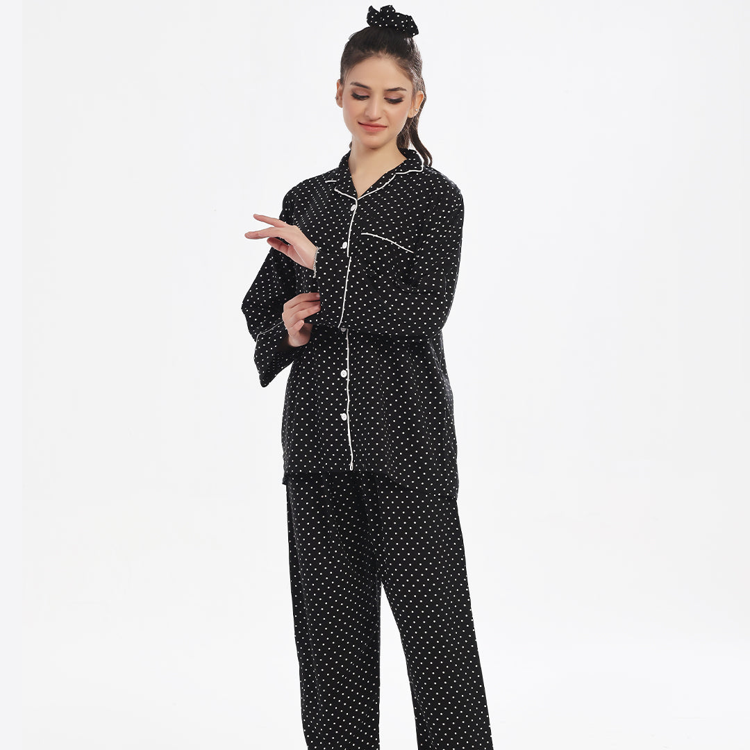 Sajiero White Polka Dots Linen Pajama Suit with Scrunchie