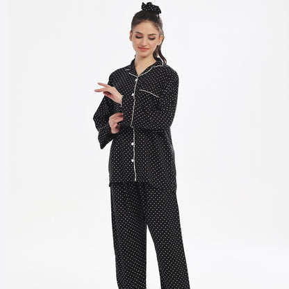 Sajiero White Polka Dots Linen Pajama Suit with Scrunchie