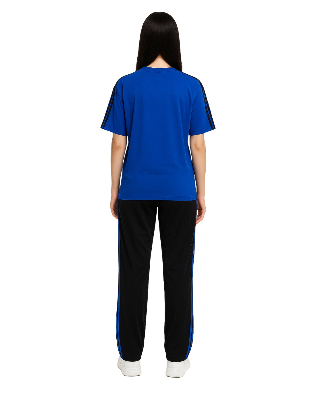 Person wearing a blue t-shirt and black pants with blue stripes on a white background