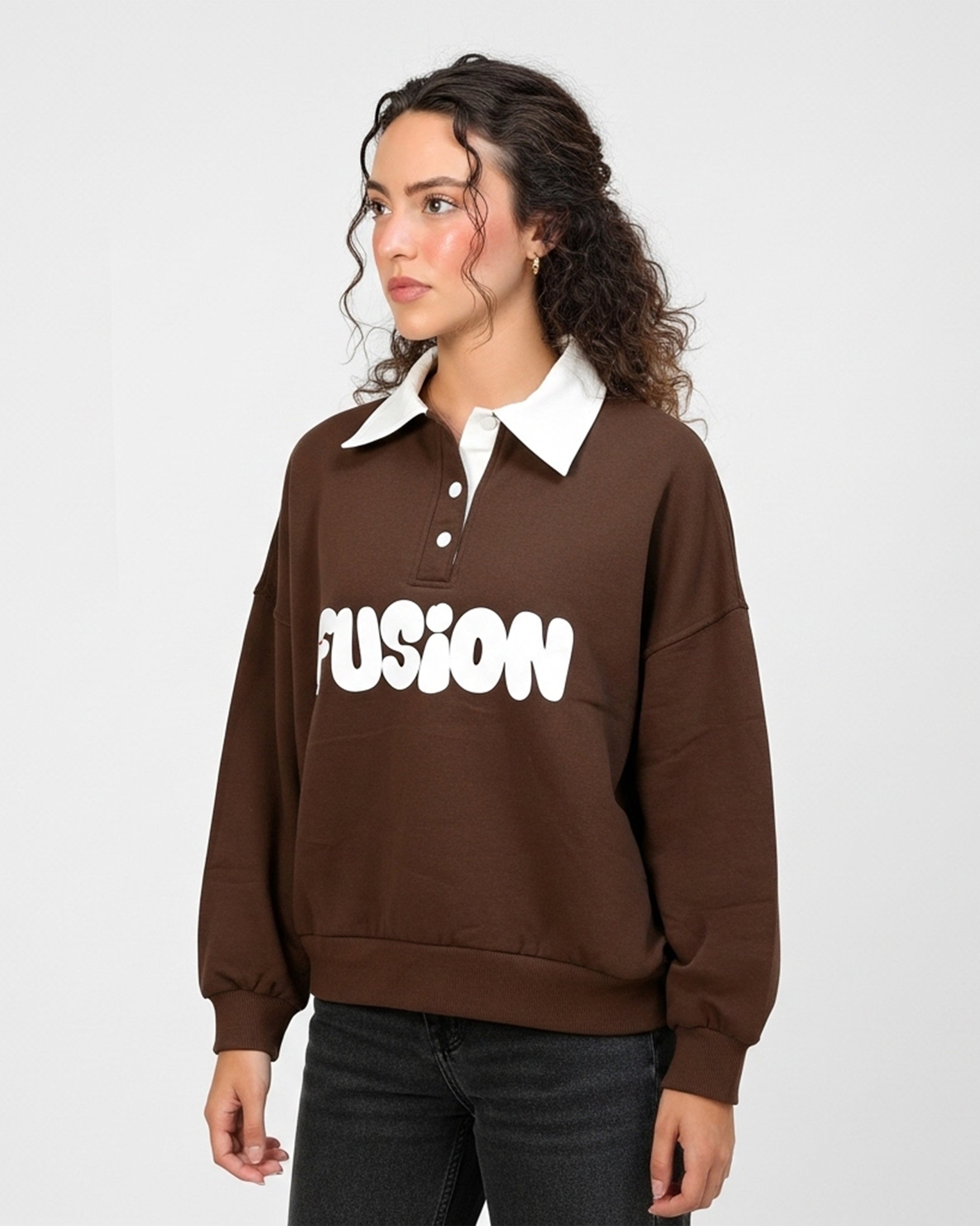 Fleece Polo Style Sweatshirt - FUSION - Brown